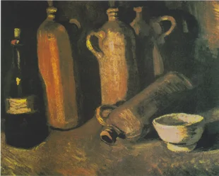 Nature morte avec quatre cruches, bouteille et bol blanc